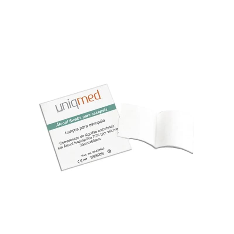 Lenços de Algodão com Álcool 70%, tipo SWAB da Uniqmed - Caixa 100 Unidades