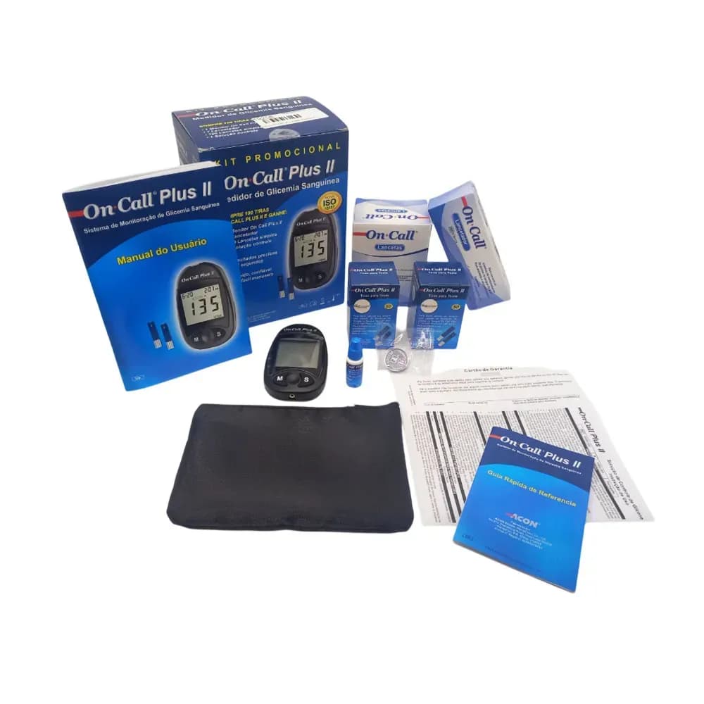 KIT MEDIDOR GLICOSE COMPLETO TIRAS LANCETA E LANCETADOR ON CALL PLUS II ACON
