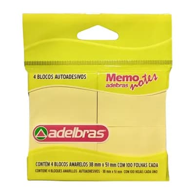 BLOCO DE RECADO AUTOADESIVO AMARELO COM 4 UN. 38X51MM JOCAR