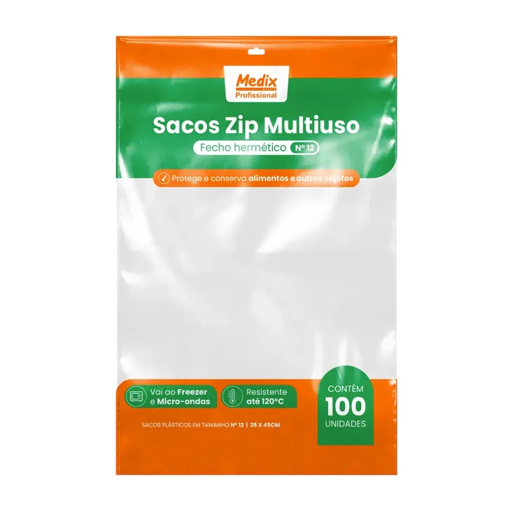 SACO PLÁSTICO COM FECHO TIPO ZIP MULTIUSO 24CMX34CM 100UN MEDIX