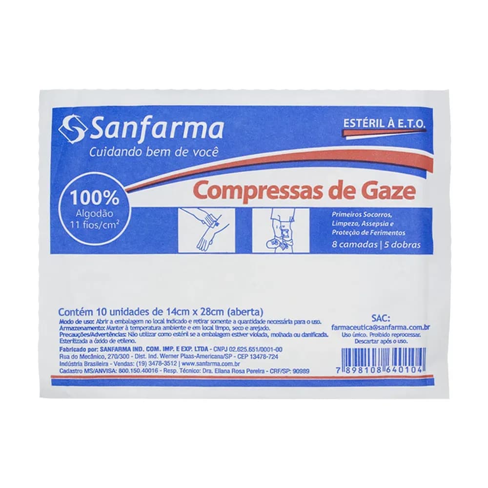 COMPRESSA DE GAZE ESTÉRIL 11 FIOS 14X28CM 10UN SANFARMA
