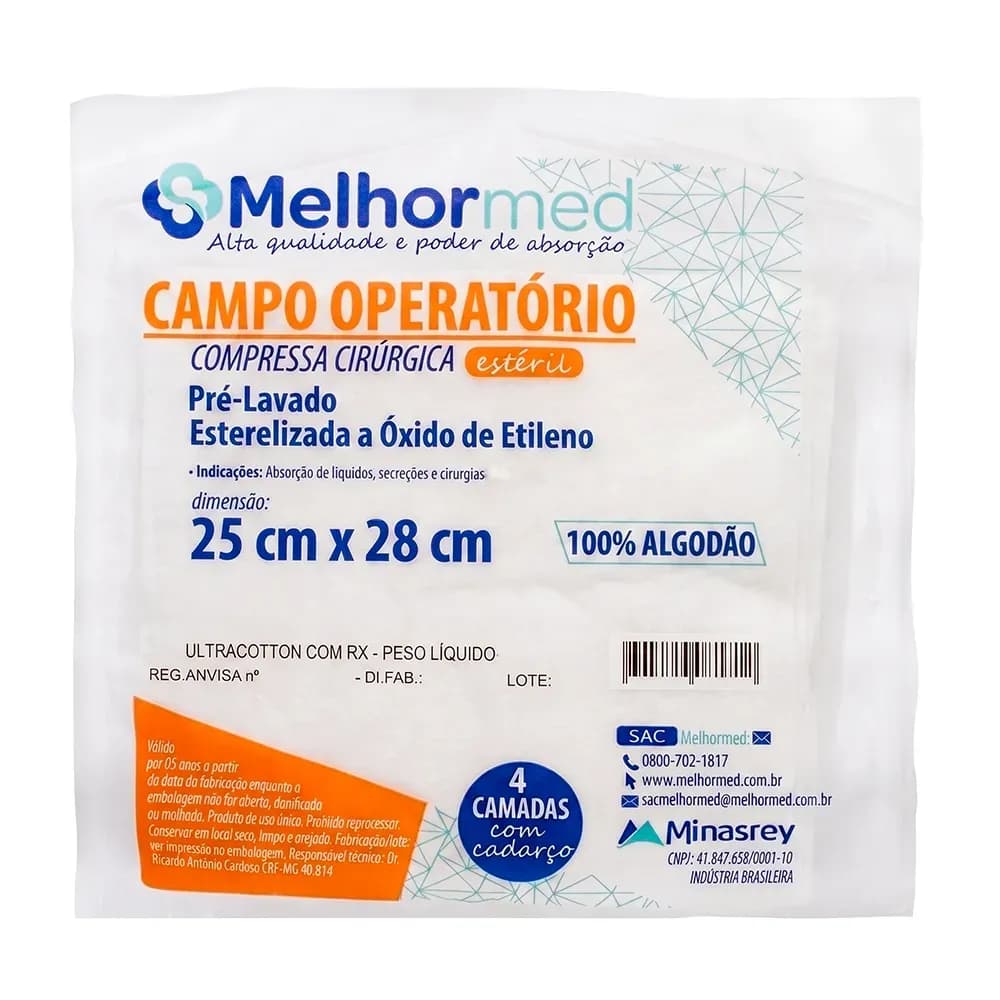 COMPRESSA CAMPO OPERATÓRIO ESTÉRIL FIO RADIOPACO 25X28CM 5UN 100G MELHORMED