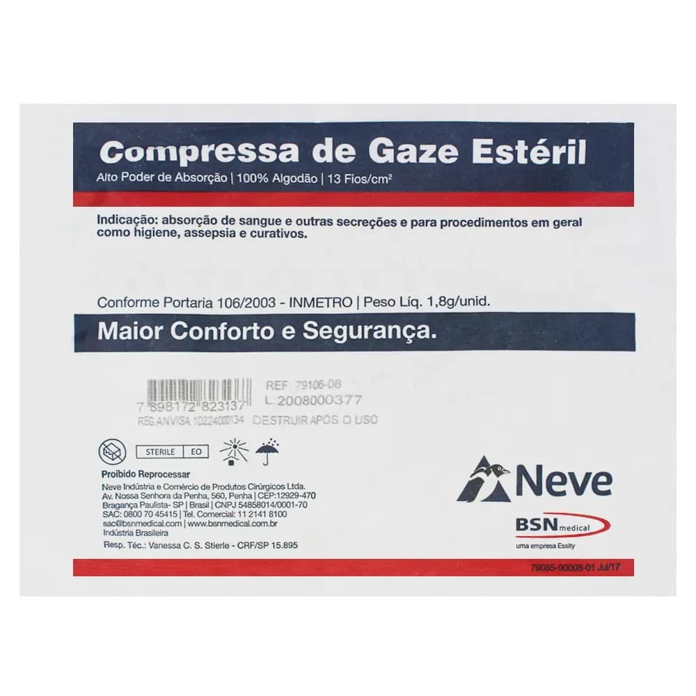 COMPRESSA DE GAZE 13 FIOS ESTÉRIL10X10 CROCHÊ C/10UN NEVE