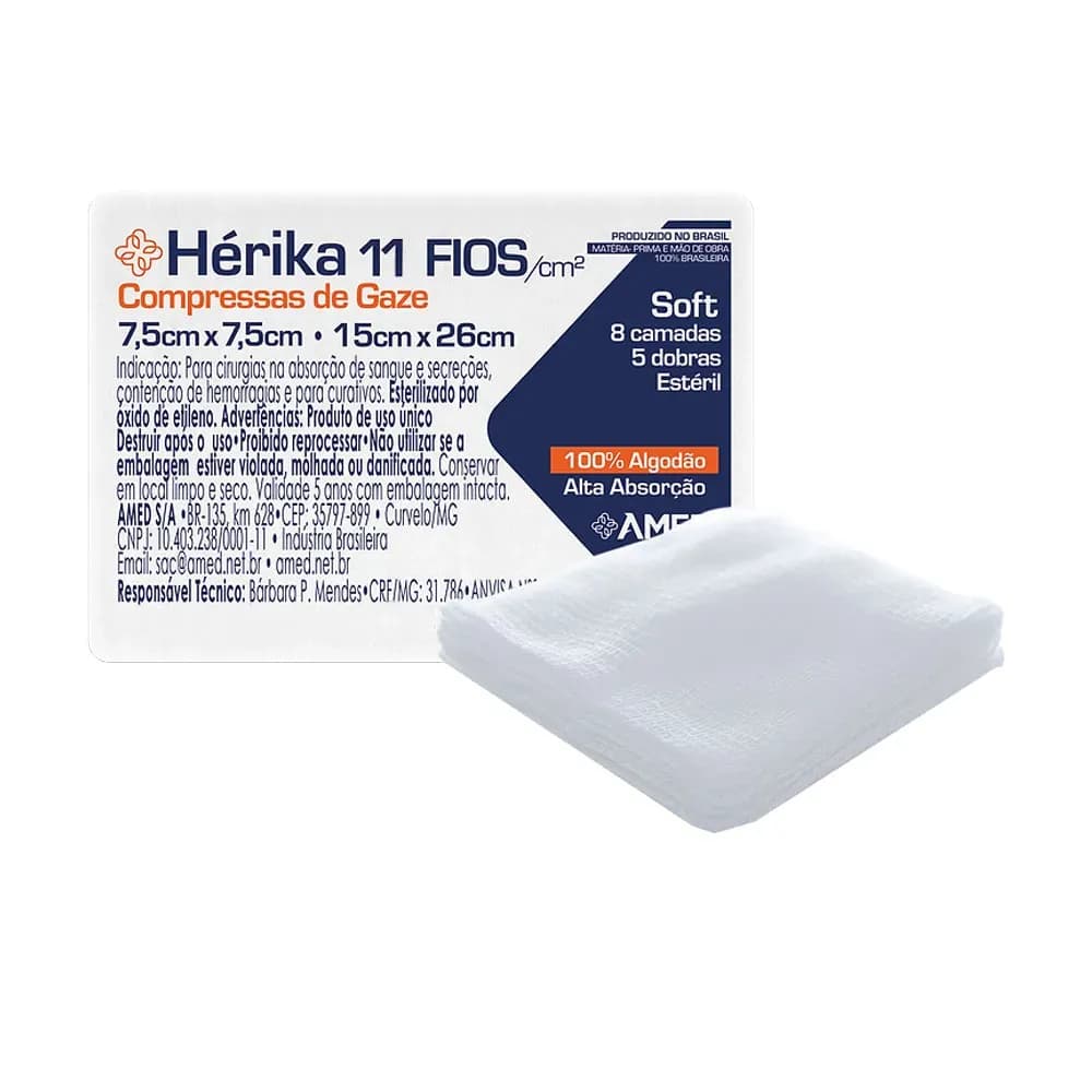 COMPRESSA DE GAZE ESTÉRIL HÉRIKA SOFT 11 FIOS 7,5X7,5CM 5UN AMED