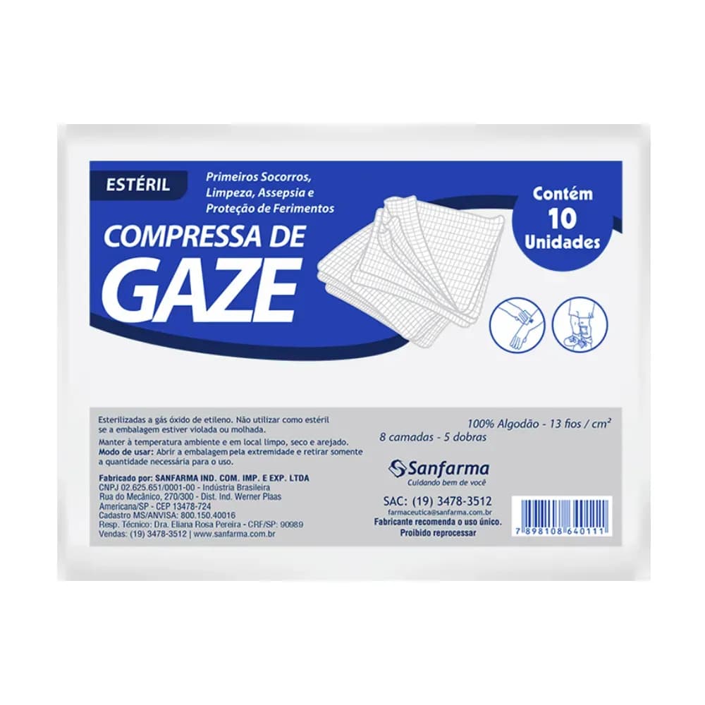 COMPRESSA DE GAZE ESTÉRIL 13 FIOS 14X28CM 10UN SANFARMA