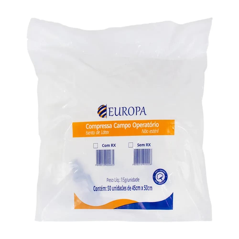 COMPRESSA CAMPO OPERATÓRIO NÃO ESTÉRIL SEM RADIOPACO 45X50CM 50UN EUROPA