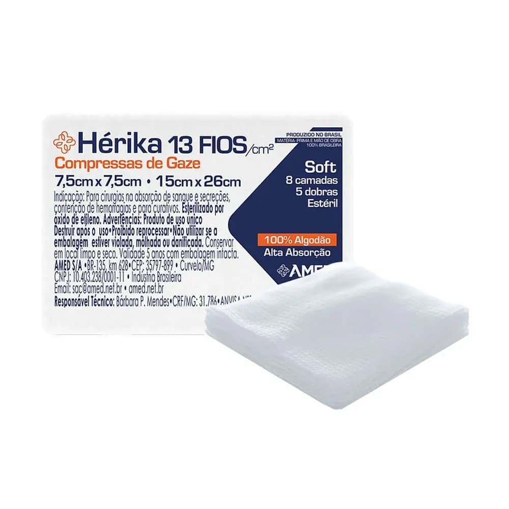 COMPRESSA DE GAZE ESTÉRIL HÉRIKA SOFT 13 FIOS 7,5X7,5CM 5UN AMED
