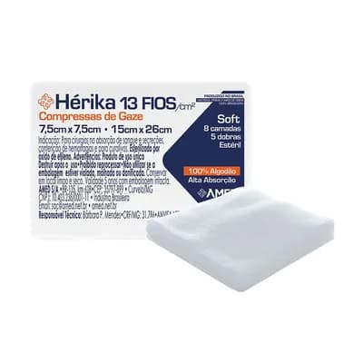 COMPRESSA DE GAZE ESTÉRIL HÉRIKA SOFT 13 FIOS 7,5X7,5CM 5UN AMED