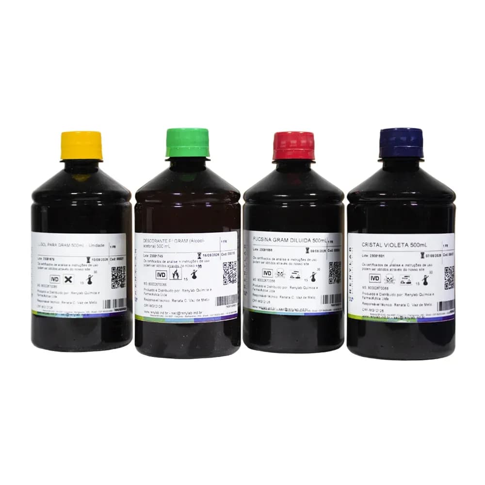 KIT COLORAÇÃO DE GRAM PARA MICROBIOLOGIA 500ML 4UN RENYLAB