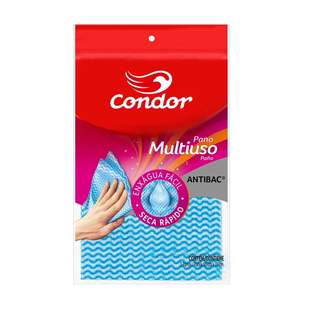 KIT PANO LIMPEZA MULTIÚSO ANTIBACT AZUL 55X33CM 05UN CONDOR