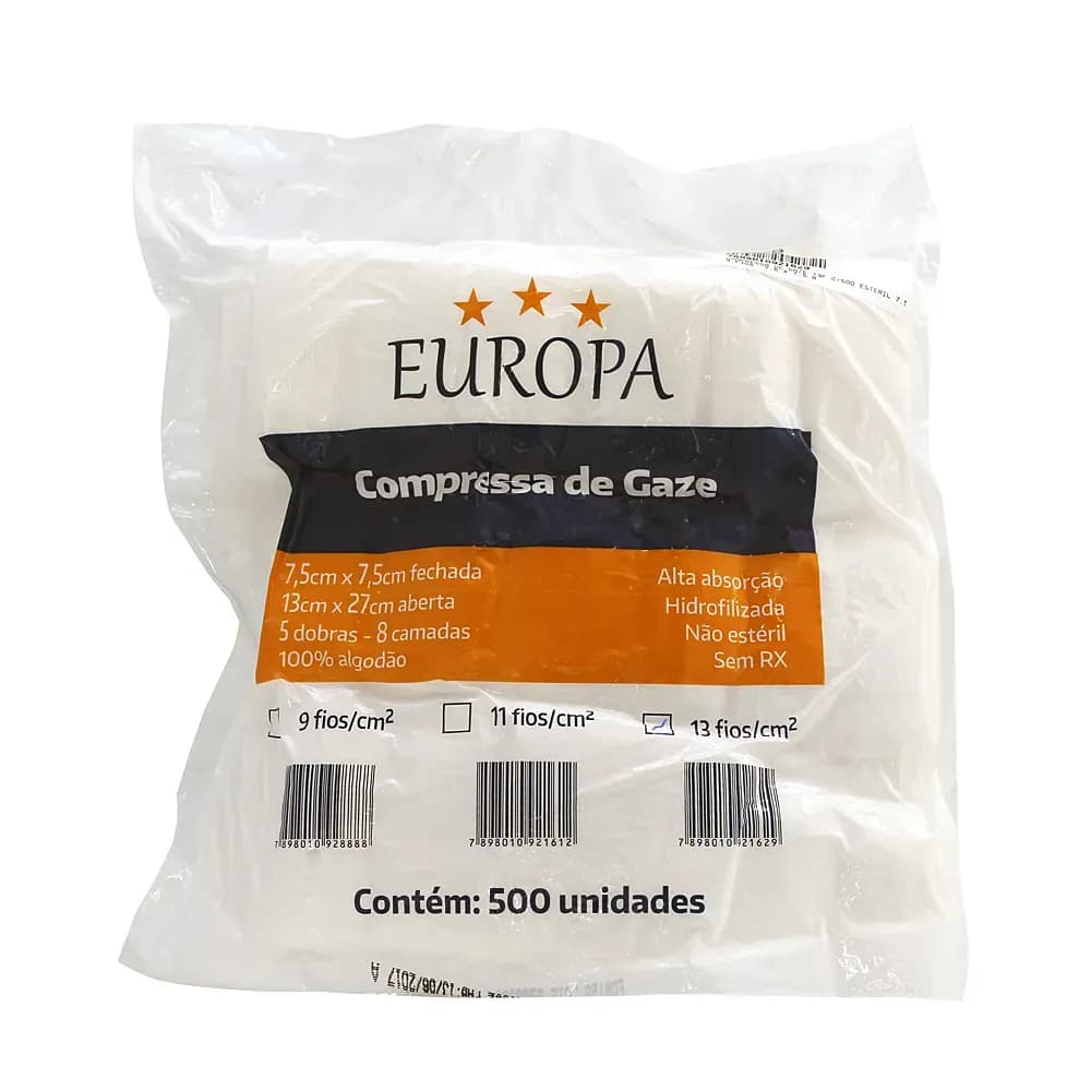 COMPRESSA DE GAZE 13 FIOS 7,5X7,5CM C/500UN EUROPA