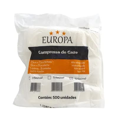 COMPRESSA DE GAZE 13 FIOS 7,5X7,5CM C/500UN EUROPA