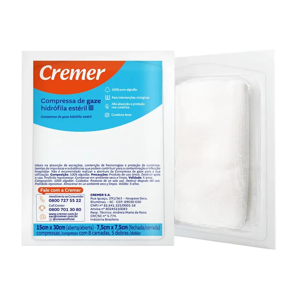 COMPRESSA DE GAZE ESTÉRIL 9 FIOS 7,5X7,5CM C/10UN CREMER