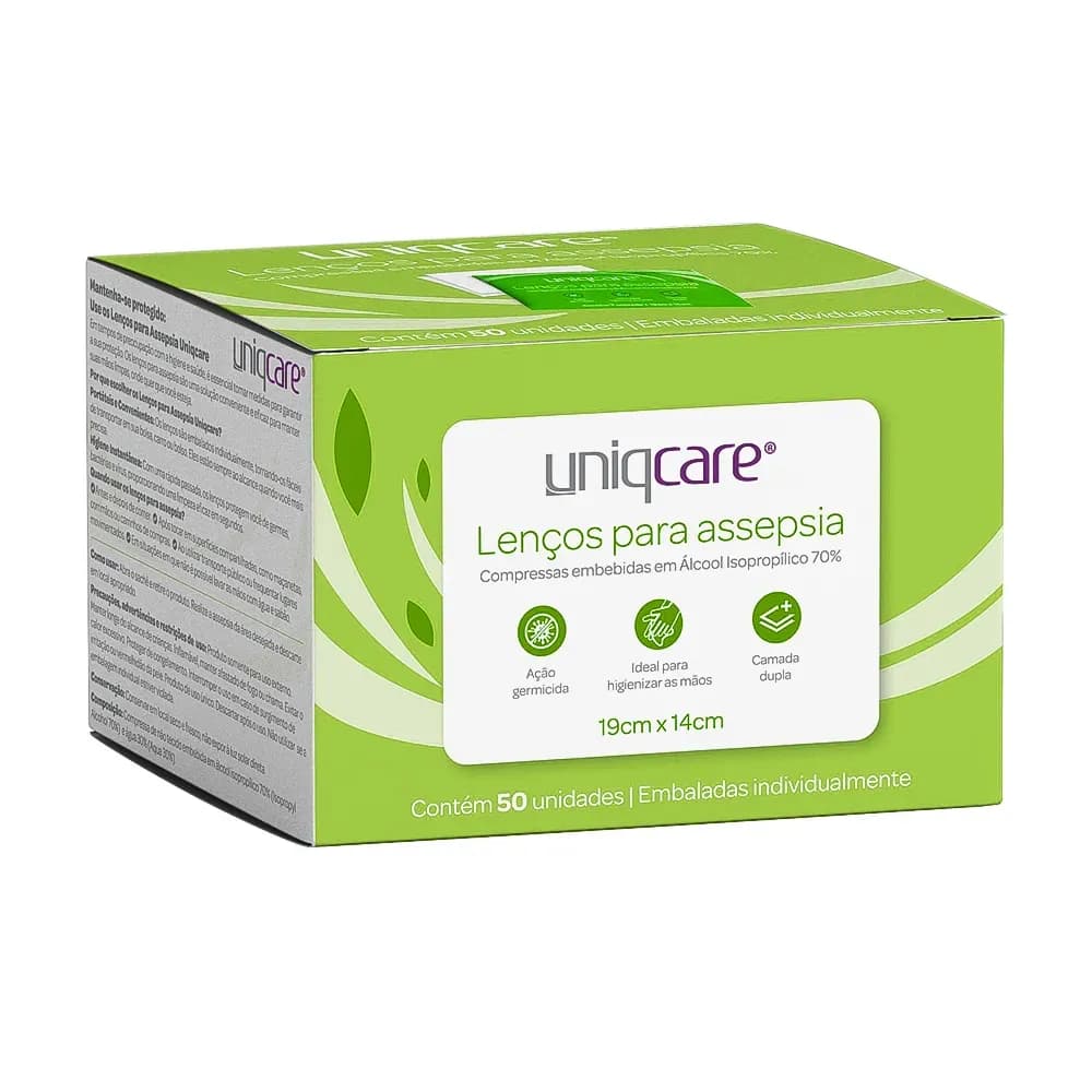 LENÇO PARA ASSEPSIA UMEDECIDO ÁLCOOL ISOPROPÍLICO 70% 19X14CM 50UN UNIQCARE
