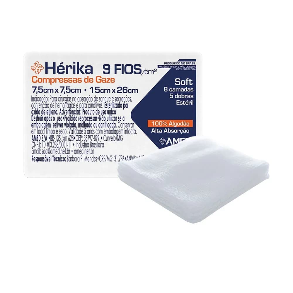 COMPRESSA DE GAZE ESTÉRIL HÉRIKA SOFT 9 FIOS 7,5X7,5CM 5UN AMED