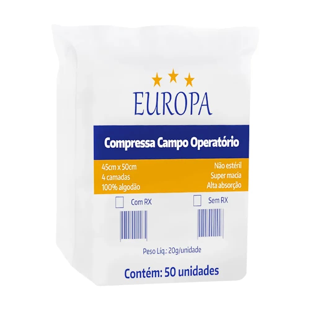 COMPRESSA CAMPO OPERATÓRIO NÃO ESTÉRIL RADIOPACO 45X50CM 50UN EUROPA