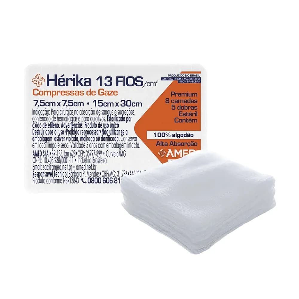 COMPRESSA DE GAZE ESTÉRIL HÉRIKA 13 FIOS 7,5X7,5CM 20UN AMED