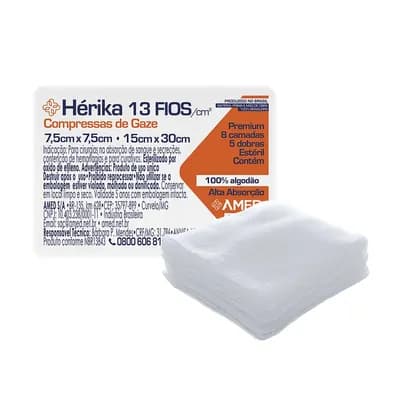 COMPRESSA DE GAZE ESTÉRIL HÉRIKA 13 FIOS 7,5X7,5CM 20UN AMED