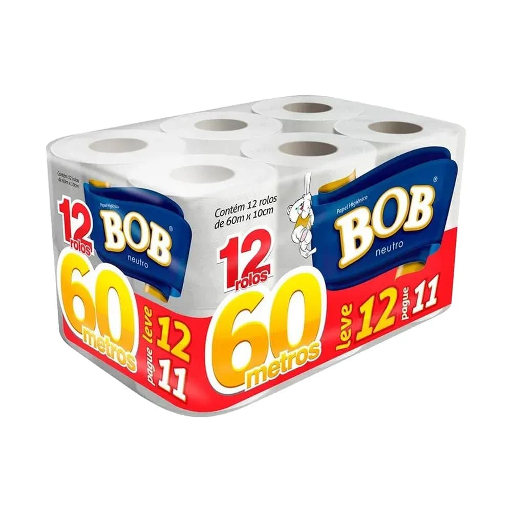 PAPEL HIGIÊNICO FOLHA SIMPLES NEUTRO ROLO 60M 12 ROLOS BOB