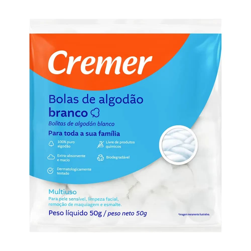 ALGODÃO BOLA BRANCA MULTIÚSO PARA PELE SENSÍVEL 50G CREMER