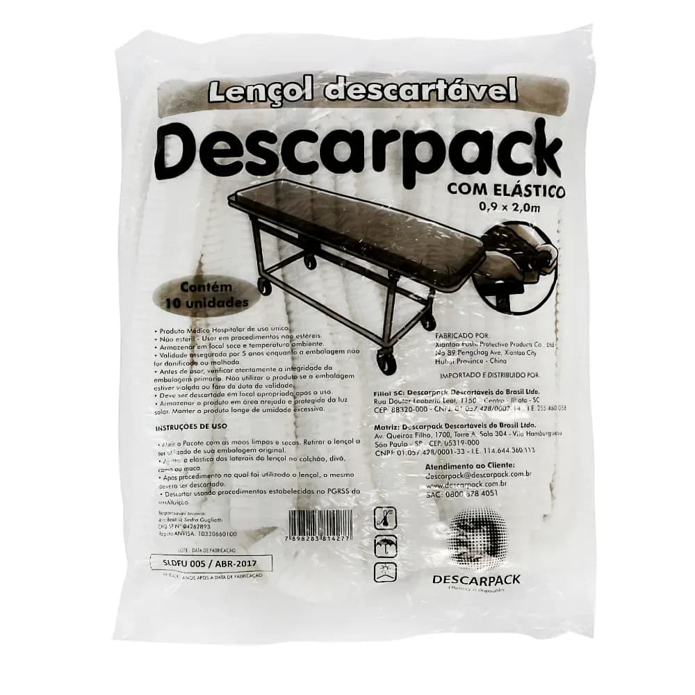 LENÇOL EM TNT COM ELÁSTICO 0,9X2,0M C/10UN DESCARPACK