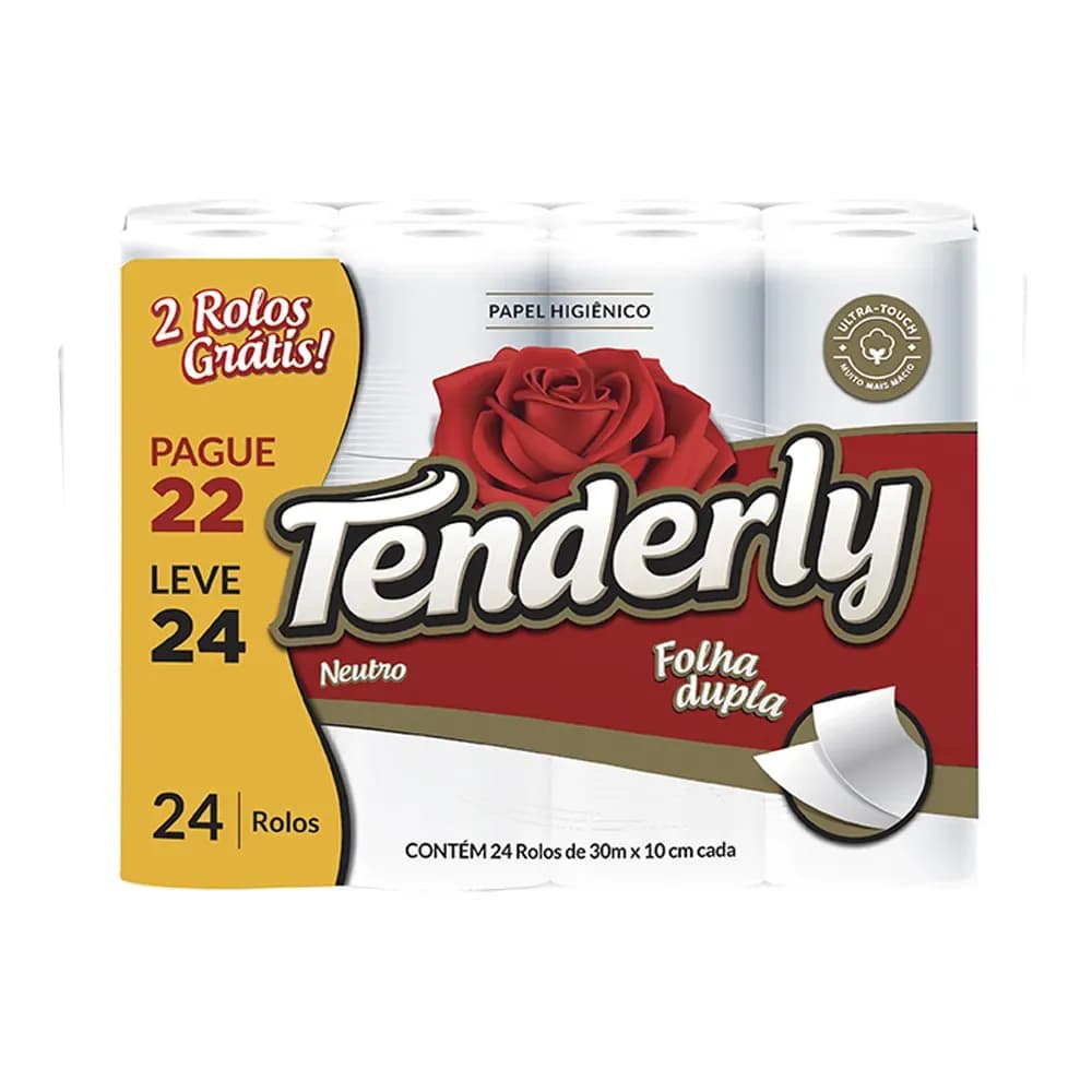 PAPEL HIGIÊNICO FOLHA DUPLA NEUTRO ROLO 30M 24UN TENDERLY