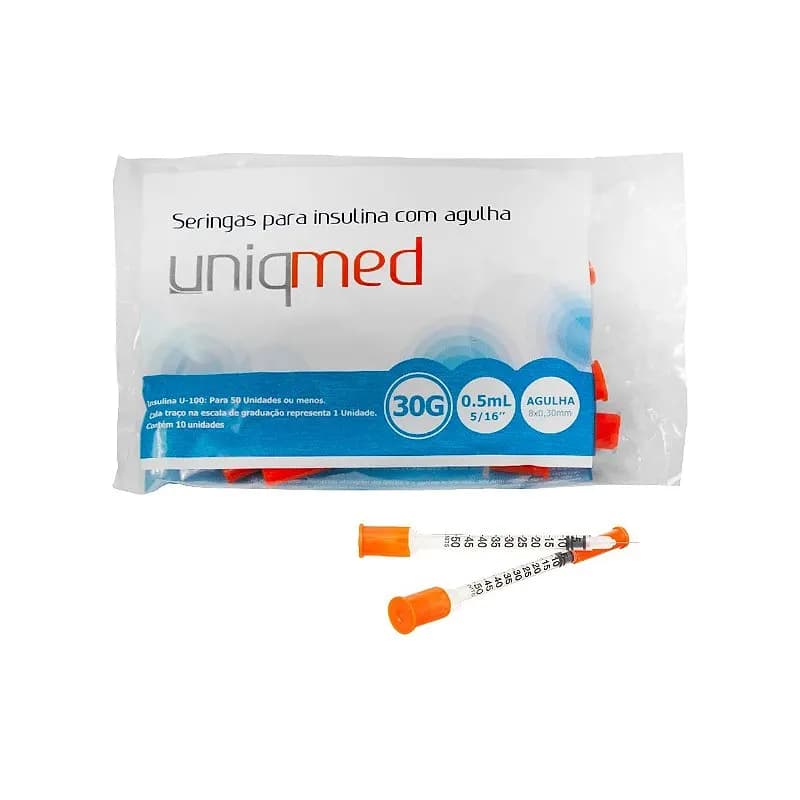Seringa para Insulina com Agulha Estéril 0,5ml 30g da Uniqmed - Pacote 10 Unidades