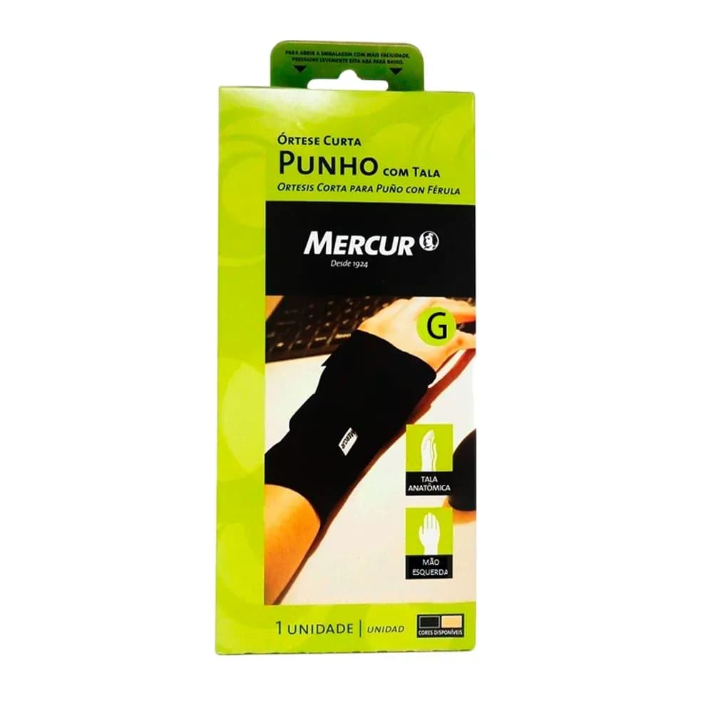 ÓRTESE CURTA PARA PUNHO COM TALA ANATÔMICA PRETA MERCUR