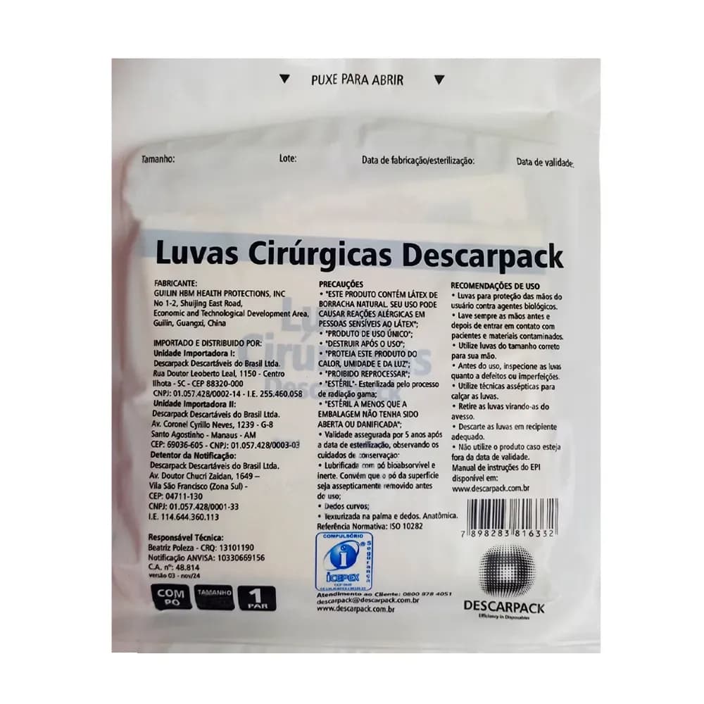 LUVA CIRÚRGICA DE LÁTEX ESTÉRIL COM PÓ DESCARPACK