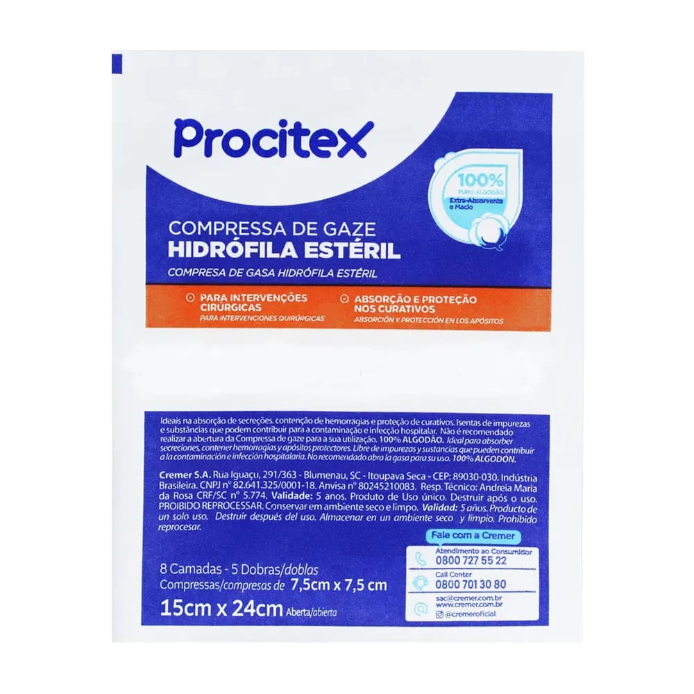 COMPRESSA DE GAZE ESTÉRIL 7,5X7,5 C/10UN PROCITEX CREMER