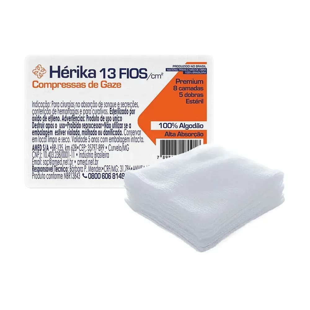 COMPRESSA DE GAZE ESTÉRIL HÉRIKA 13 FIOS 10UN AMED