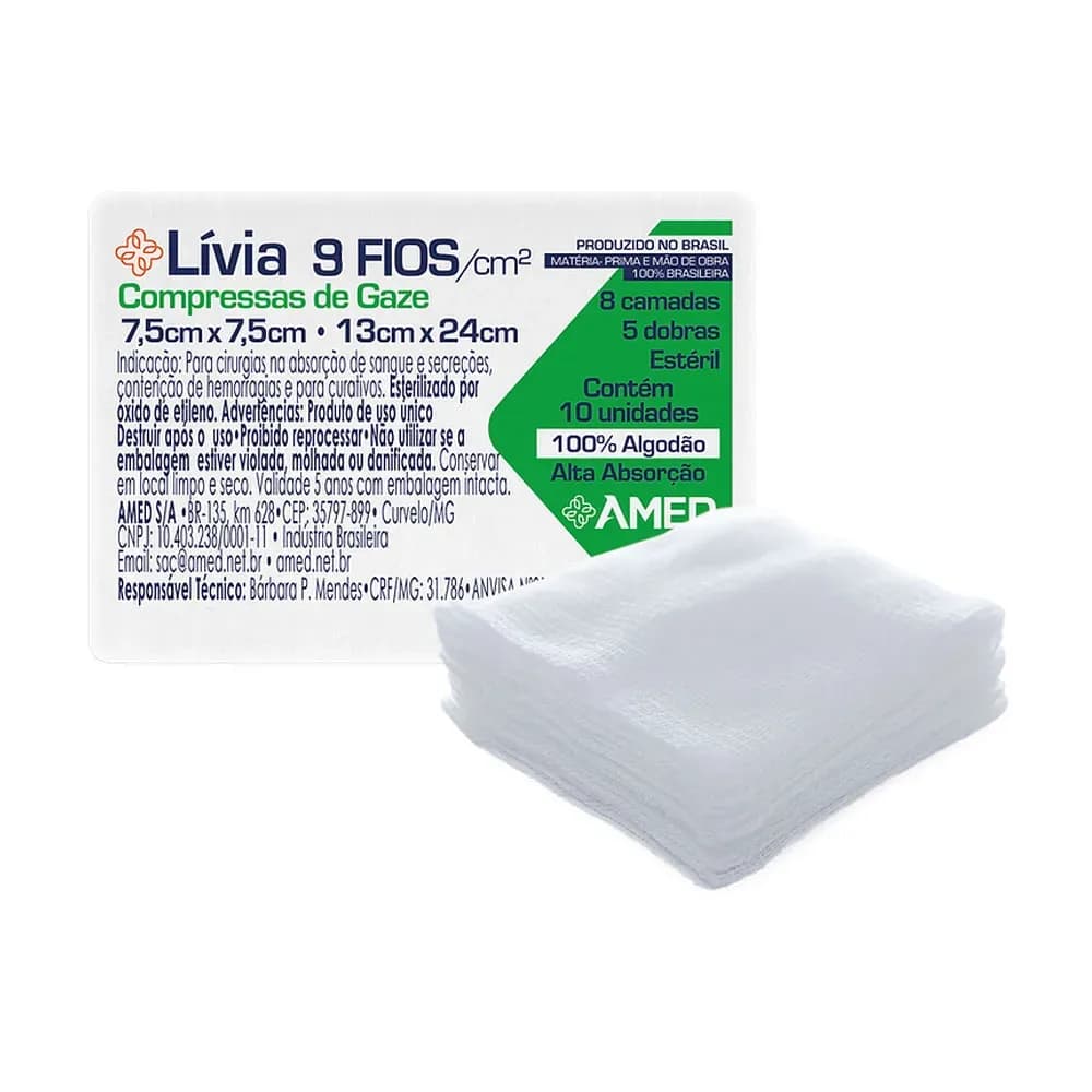 COMPRESSA DE GAZE ESTÉRIL LÍVIA 7,5CMX7,5CM 10UN AMED