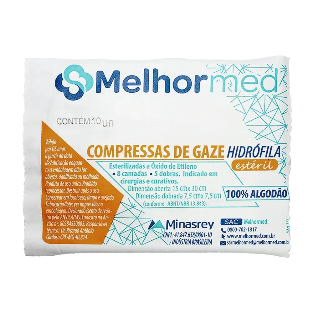 COMPRESSA DE GAZE HIDRÓFILA ESTÉRIL 7,5X7,5CM 10UN MELHORMED