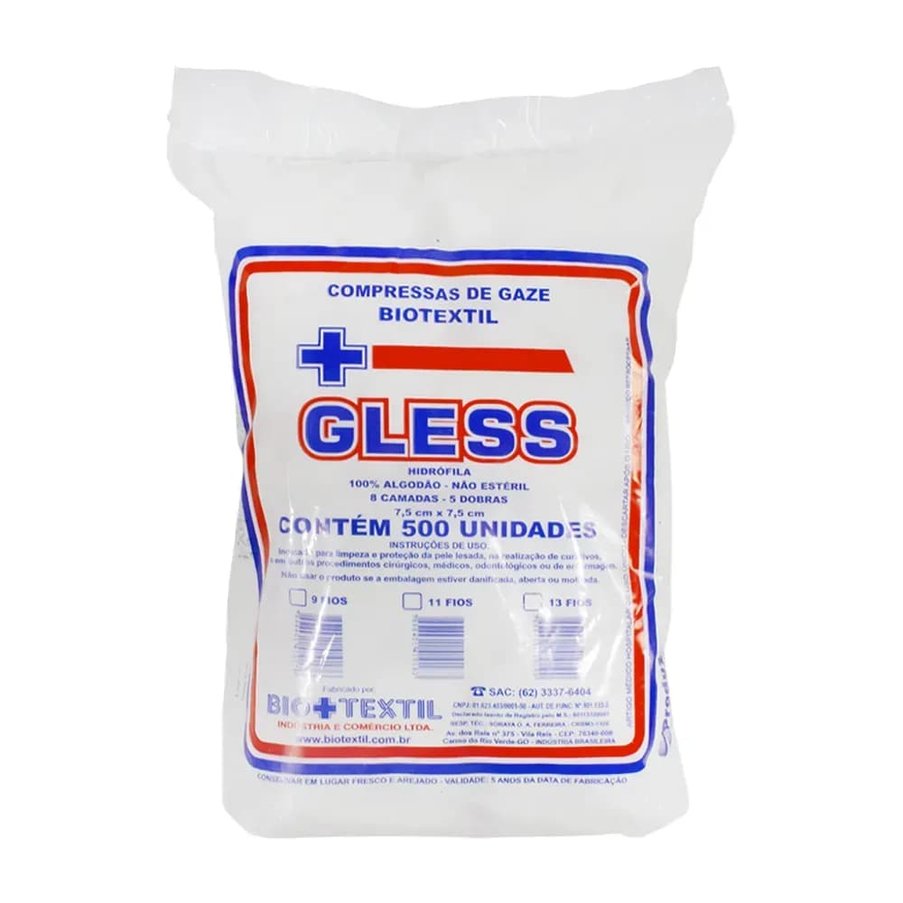 COMPRESSA GAZE HIDRÓFILA GLESS NÃO ESTÉRIL 7,5CMX7,5CM 500UN BIOTEXTIL
