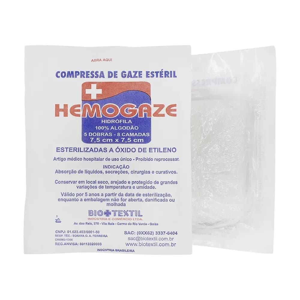 COMPRESSA GAZE HIDRÓFILA HEMOGAZE ESTÉRIL 7,5CMX7,5CM 10UN HEMOGAZE BIOTEXTIL
