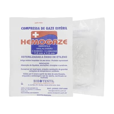 COMPRESSA GAZE HIDRÓFILA HEMOGAZE ESTÉRIL 7,5CMX7,5CM 10UN HEMOGAZE BIOTEXTIL