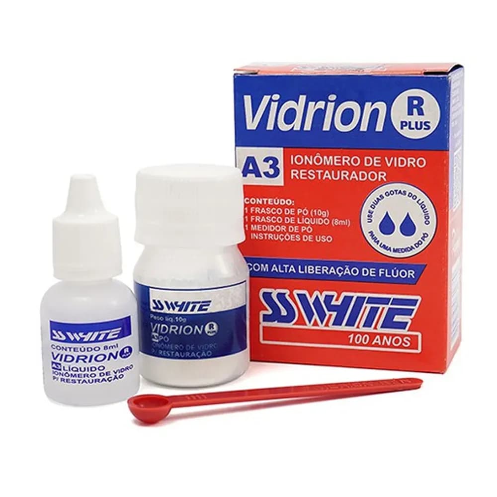IONÔMERO DE VIDRO RESTAURADOR PÓ 10G + LÍQUIDO 8ML VIDRION R PLUS SSWHITE