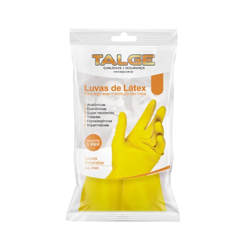 LUVA DE LÁTEX AMARELA ANTIDERRAPANTE PARA LIMPEZA TALGE