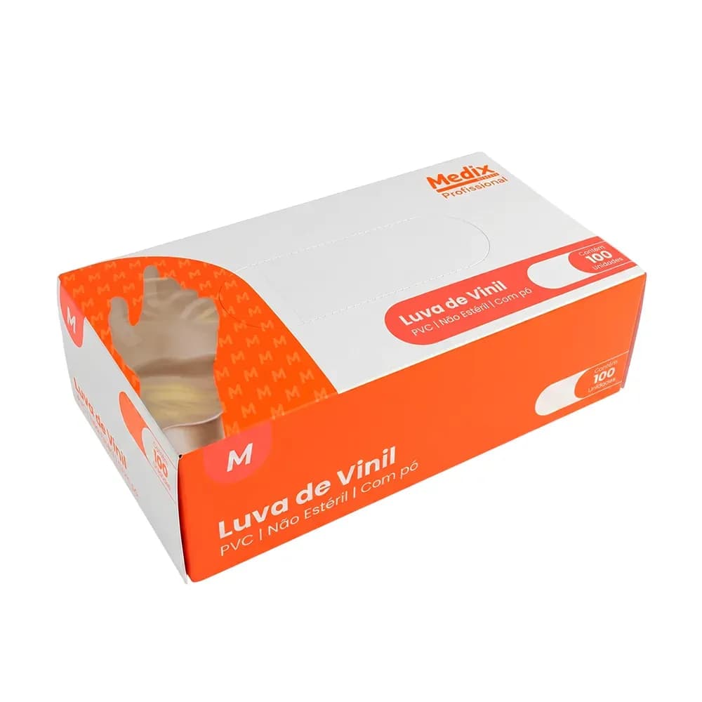 LUVA DE VINIL COM PÓ USO GERAL TRANSPARENTE 100UN MEDIX