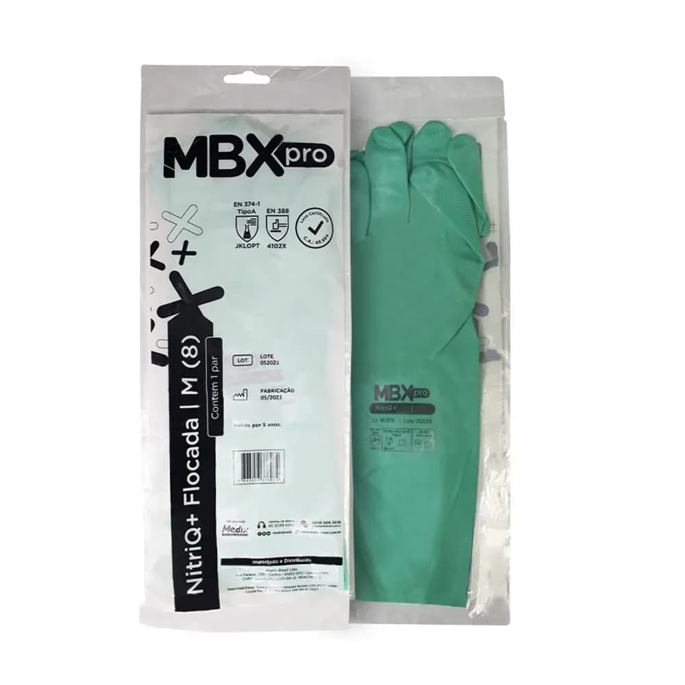 LUVA NITRÍLICA PROTEÇÃO QUÍMICA FLOCADA NITRIQ+ MBXPRO MEDIX