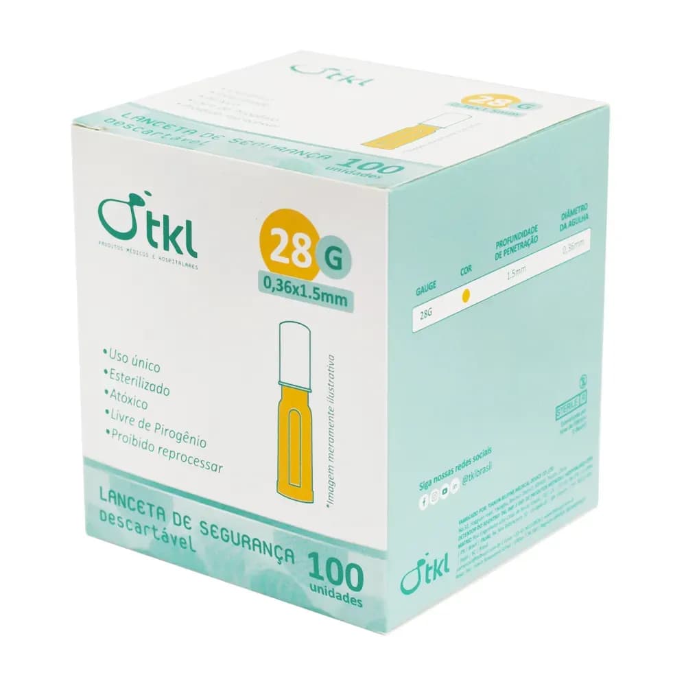 LANCETA DE SEGURANÇA LARANJA 28G 0,36X1,5MM 100UN TKL