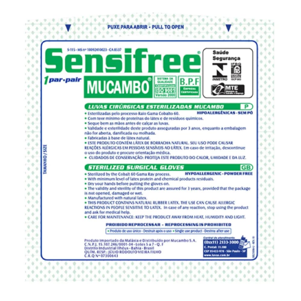 Luva Cirúrgica Esteril 7,0 SENSIFREE CX C/200PA
