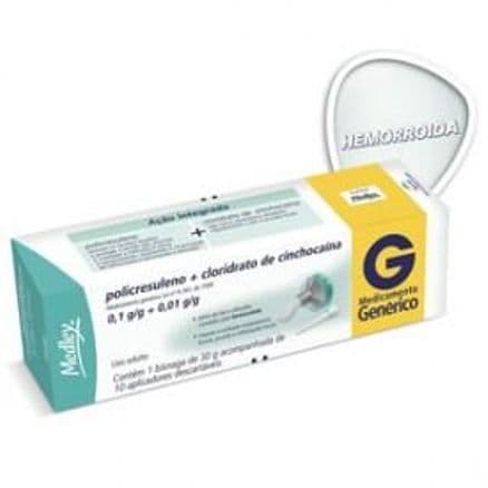 Policresuleno + Cloridrato de Cinchocaína 0,1+0,01g Pomada 30 g + 10 aplicadores Generico Medley - Portal do Médico