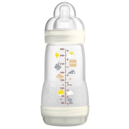 Mamadeira MAM First Bottle Bico de Silicone Ortodôntico Silk Touch Desenhos Sortidos 260ml 0+ Meses Neutra - Portal do Médico