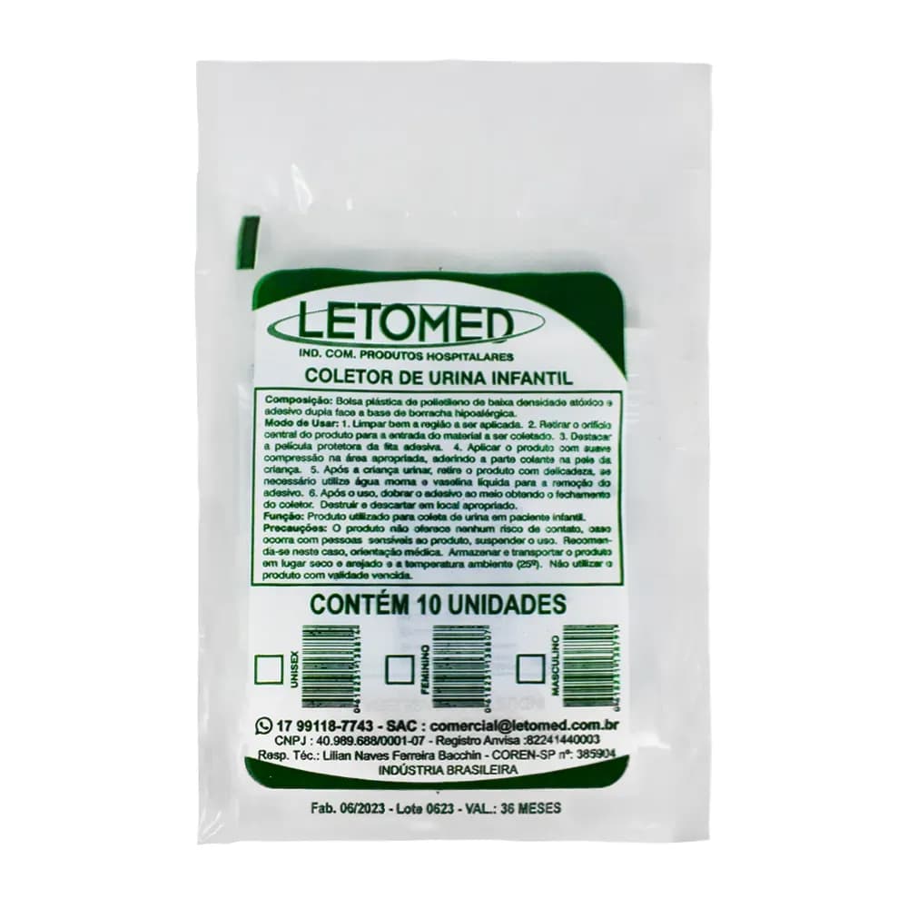 COLETOR DE URINA INFANTIL UNISSEX INCOLOR 100ML 10UN LETOMED