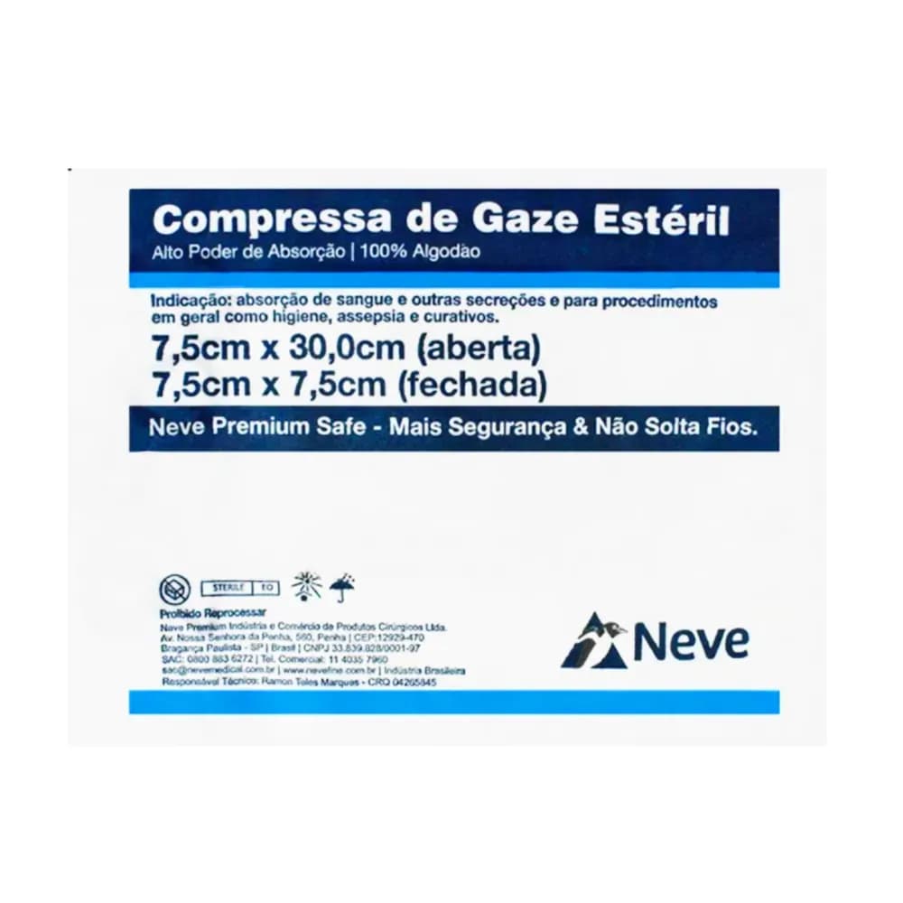 COMPRESSA DE GAZE 13 FIOS ESTÉRIL 7,5X7,5 CROCHÊ C/20UN NEVE