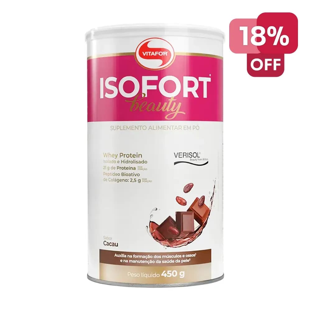 WHEY PROTEIN ISOLADO E HIDROLISADO SABOR CACAU 450G ISOFORT BEAUTY VITAFOR