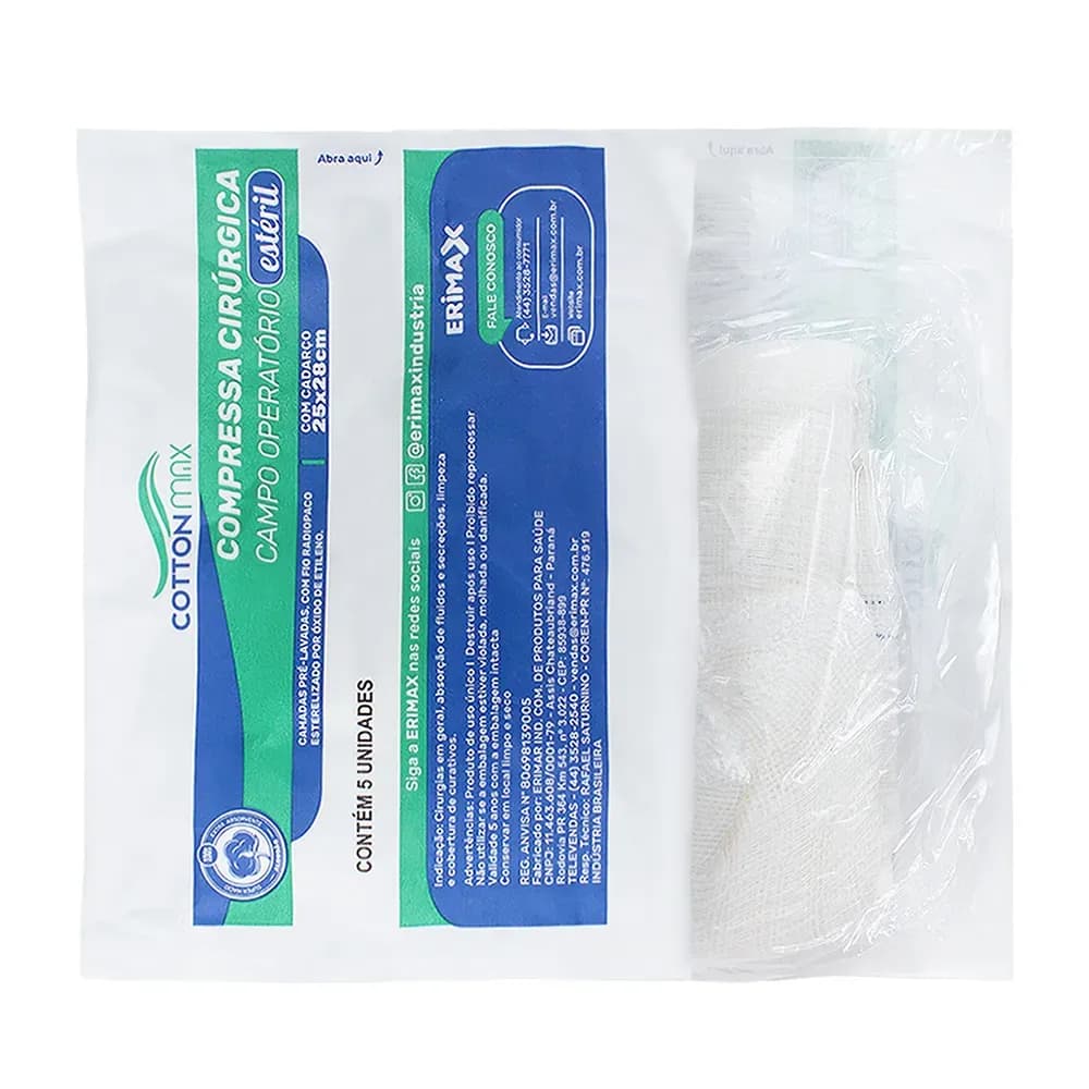 COMPRESSA CAMPO OPERATÓRIO ESTÉRIL FIO RADIOPACO 28X25CM 5UN ERIMAX