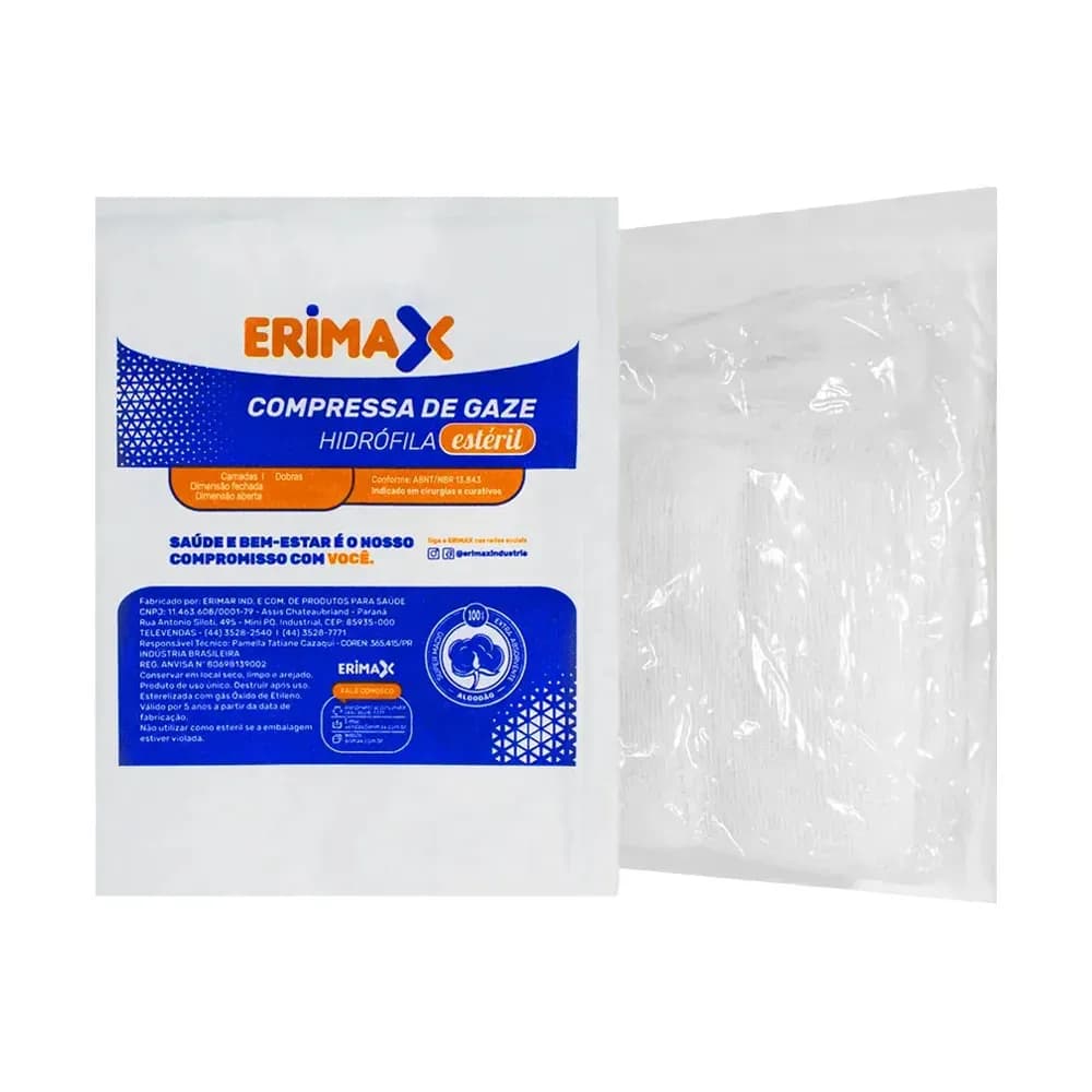 COMPRESSA DE GAZE 7,5X7,5 ESTÉRIL C/10UN PREMIUM 11F ERIMAX