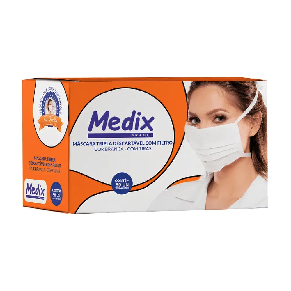 MÁSCARA DESCARTÁVEL BRANCA TRIPLA COM TIRAS 50UN MEDIX